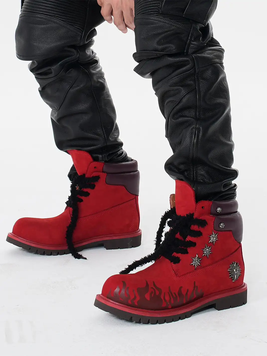 Fourth3ex | Flame Pattern Genuine Leather Combat Boots