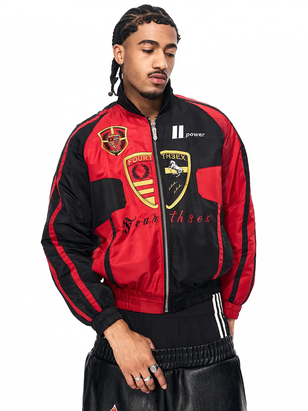 Fourth3ex | Embroidered Badges Racing Motorcycle Bomber Jacket