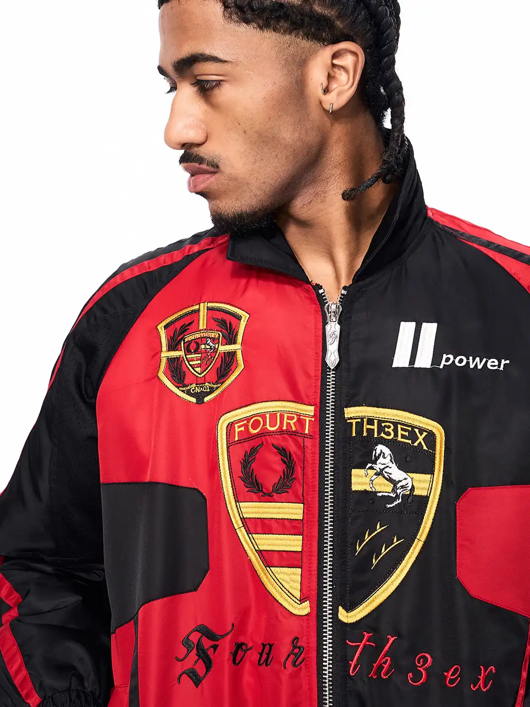 Fourth3ex | Embroidered Badges Racing Motorcycle Bomber Jacket