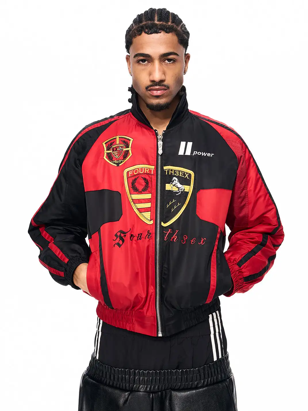 Fourth3ex | Embroidered Badges Racing Motorcycle Bomber Jacket