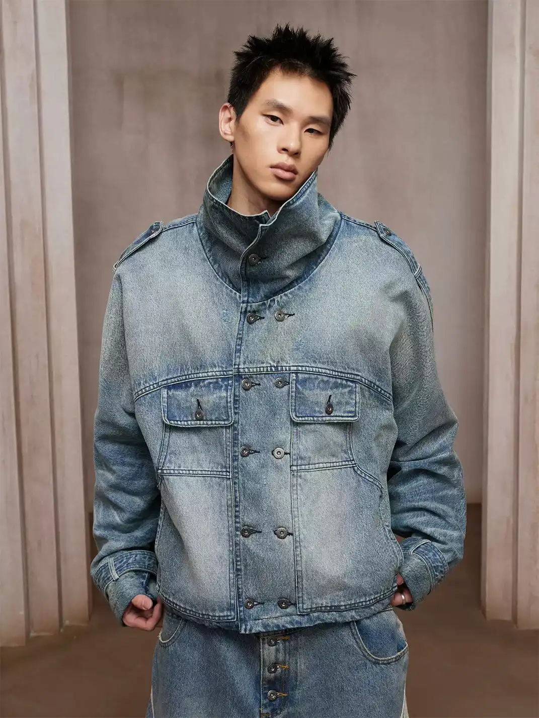 DND4DES | Wash Distressed Double-Breasted Multi-Pocket Denim Jacket