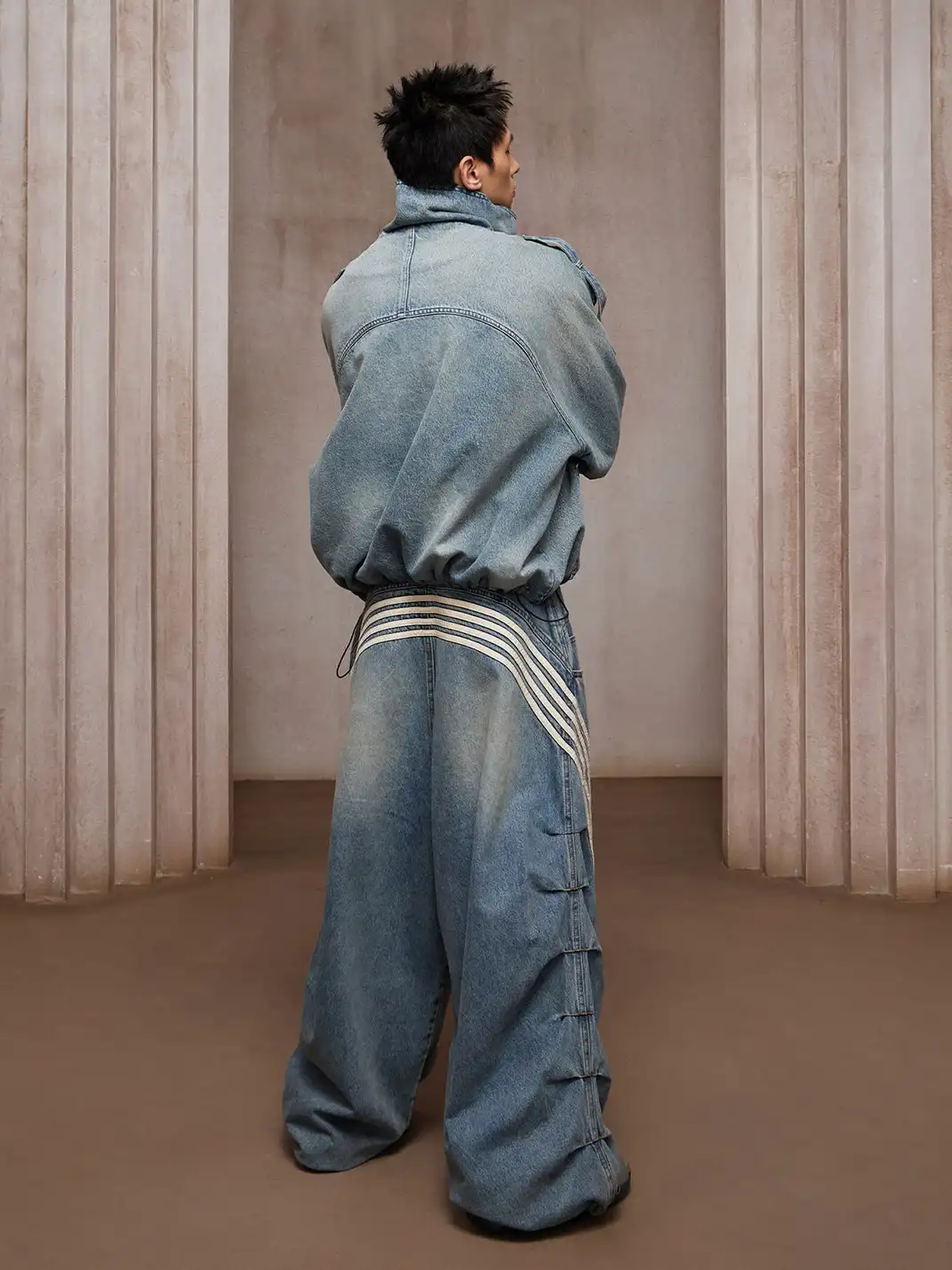 DND4DES | Wash Distressed Double-Breasted Multi-Pocket Denim Jacket