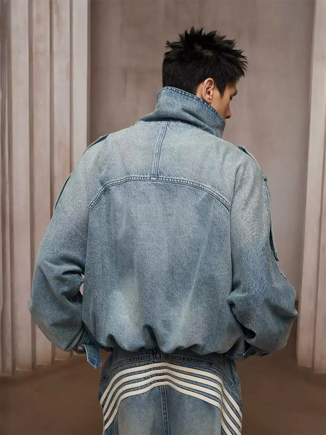 DND4DES | Wash Distressed Double-Breasted Multi-Pocket Denim Jacket