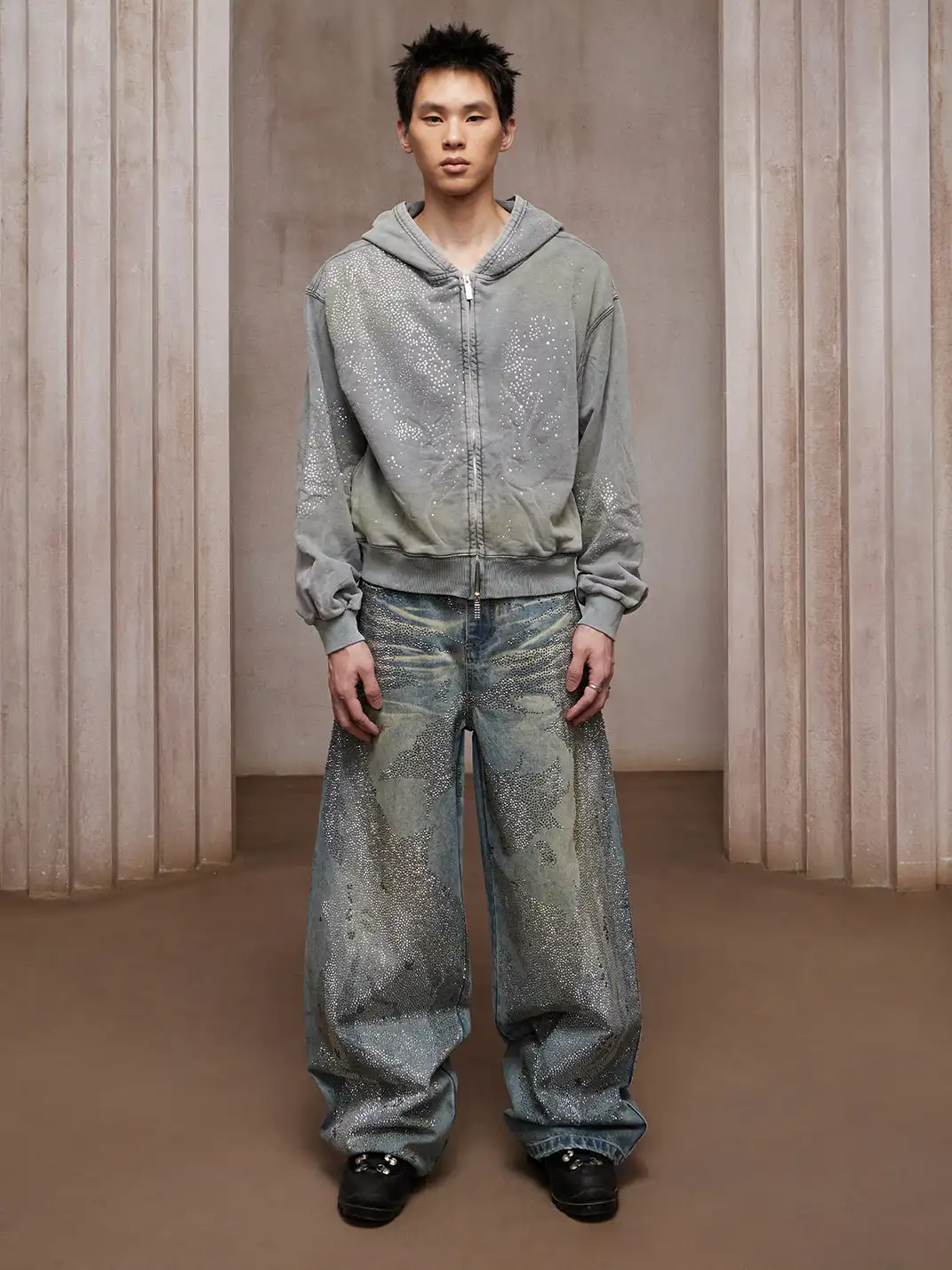 DND4DES | Vintage Crystal Studded Heavy-Wash Wide-Leg Denim Pants