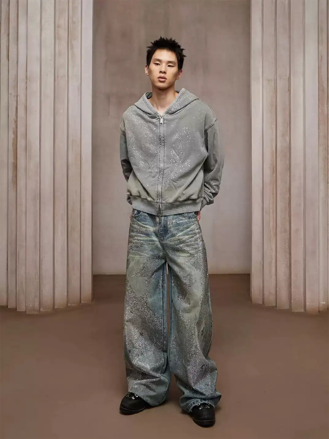 DND4DES | Vintage Crystal Studded Heavy-Wash Wide-Leg Denim Pants