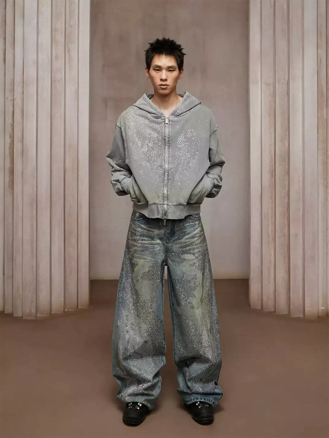 DND4DES | Vintage Crystal Studded Heavy-Wash Wide-Leg Denim Pants