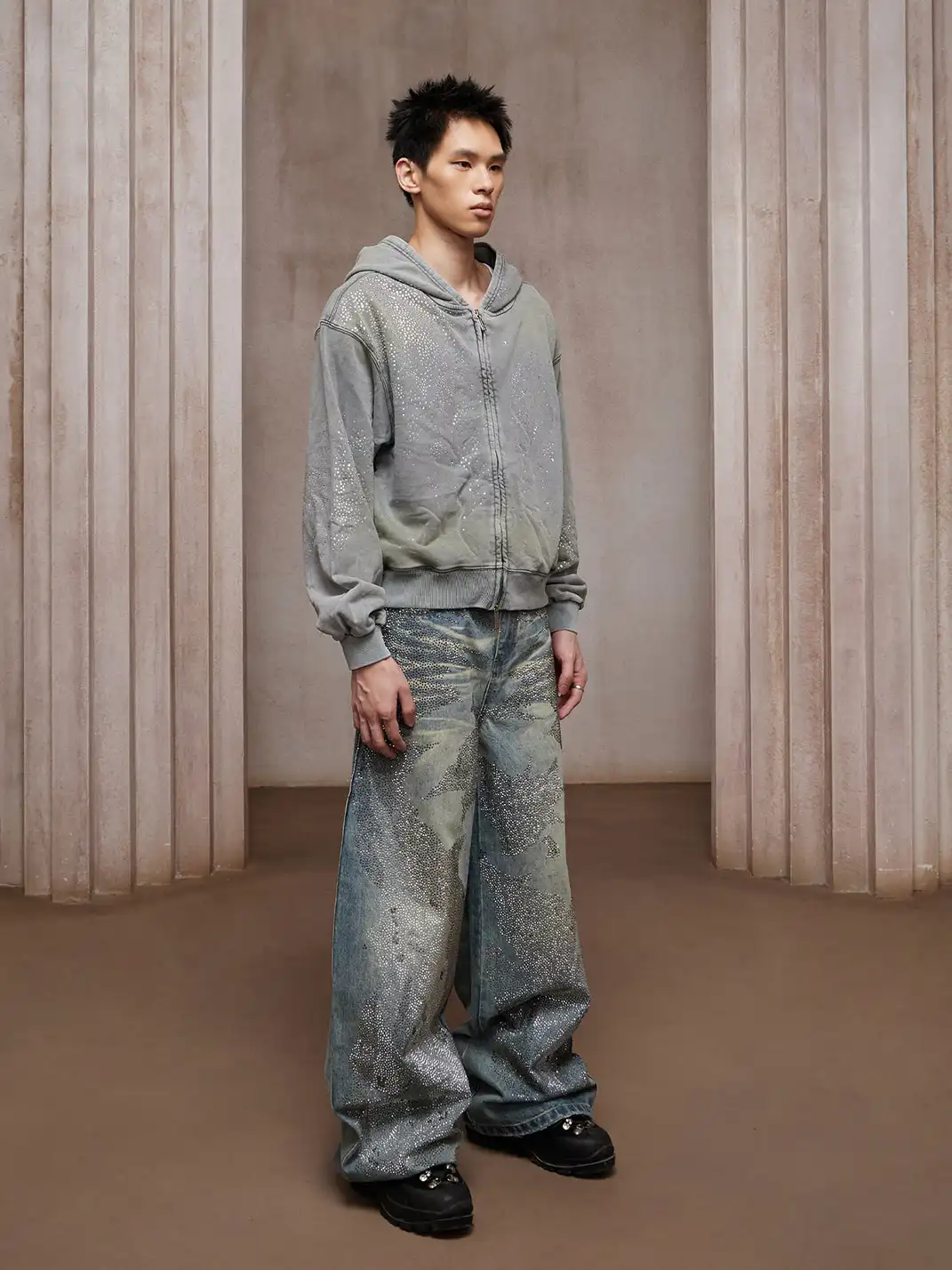 DND4DES | Vintage Crystal Studded Heavy-Wash Wide-Leg Denim Pants