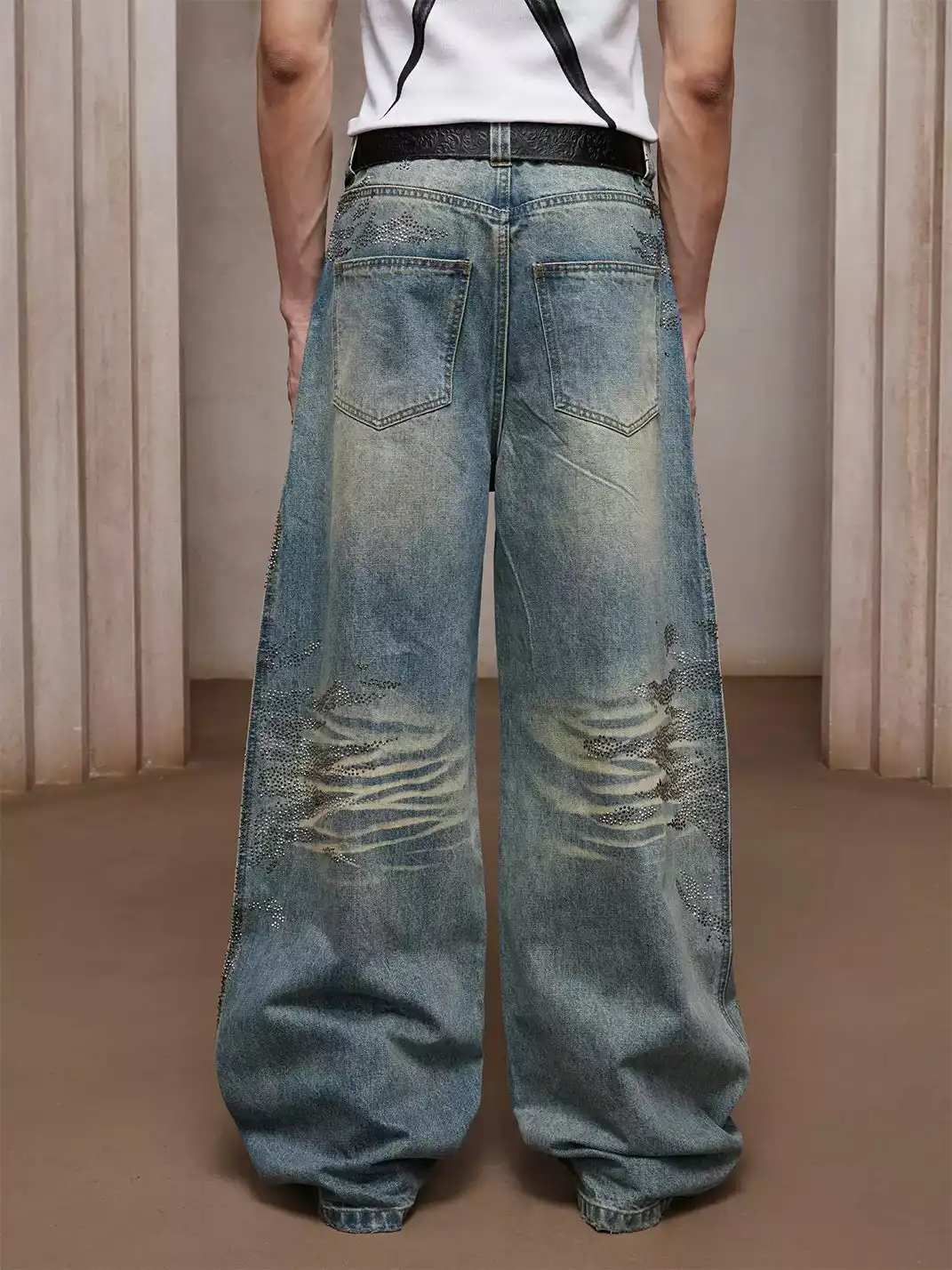 DND4DES | Vintage Crystal Studded Heavy-Wash Wide-Leg Denim Pants