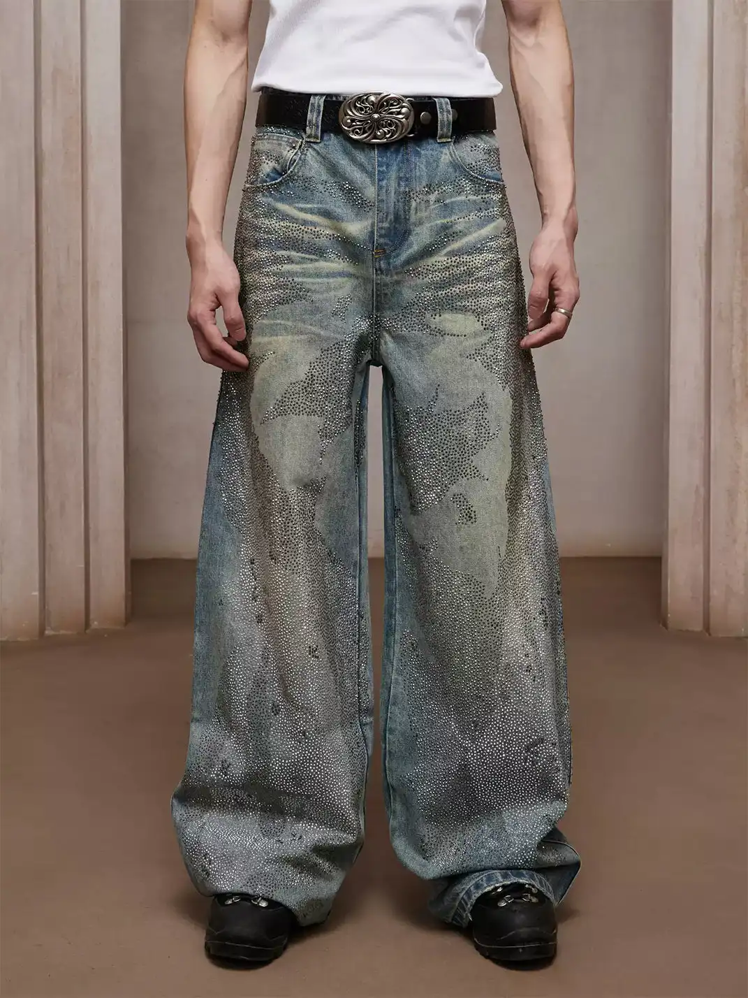 DND4DES | Vintage Crystal Studded Heavy-Wash Wide-Leg Denim Pants