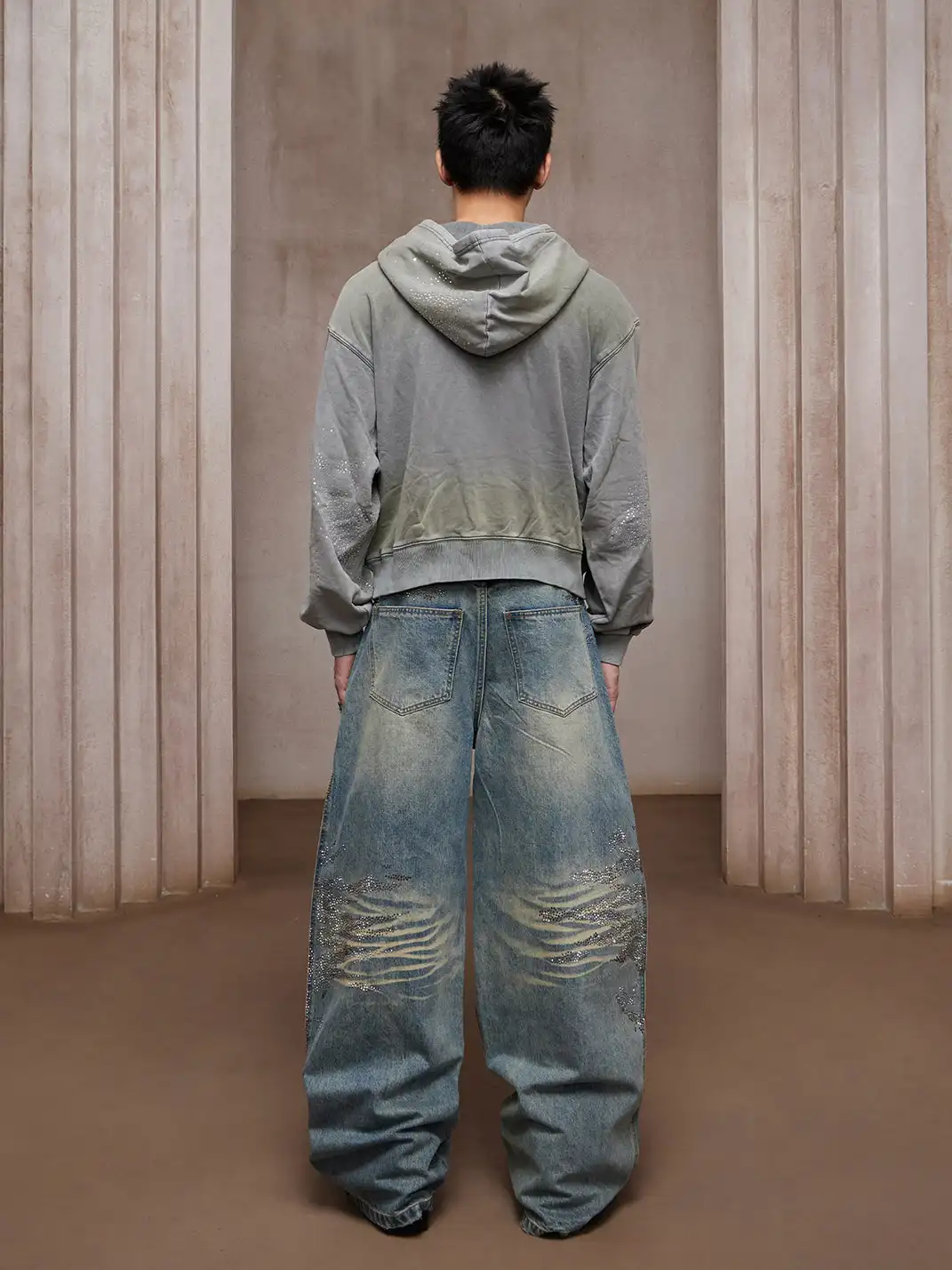 DND4DES | Vintage Crystal Studded Heavy-Wash Wide-Leg Denim Pants
