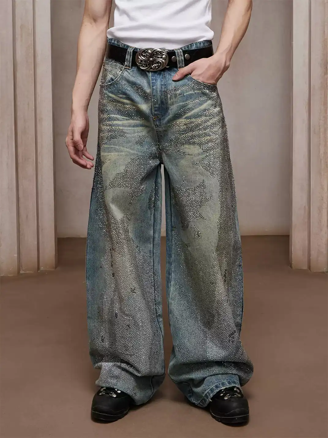 DND4DES | Vintage Crystal Studded Heavy-Wash Wide-Leg Denim Pants