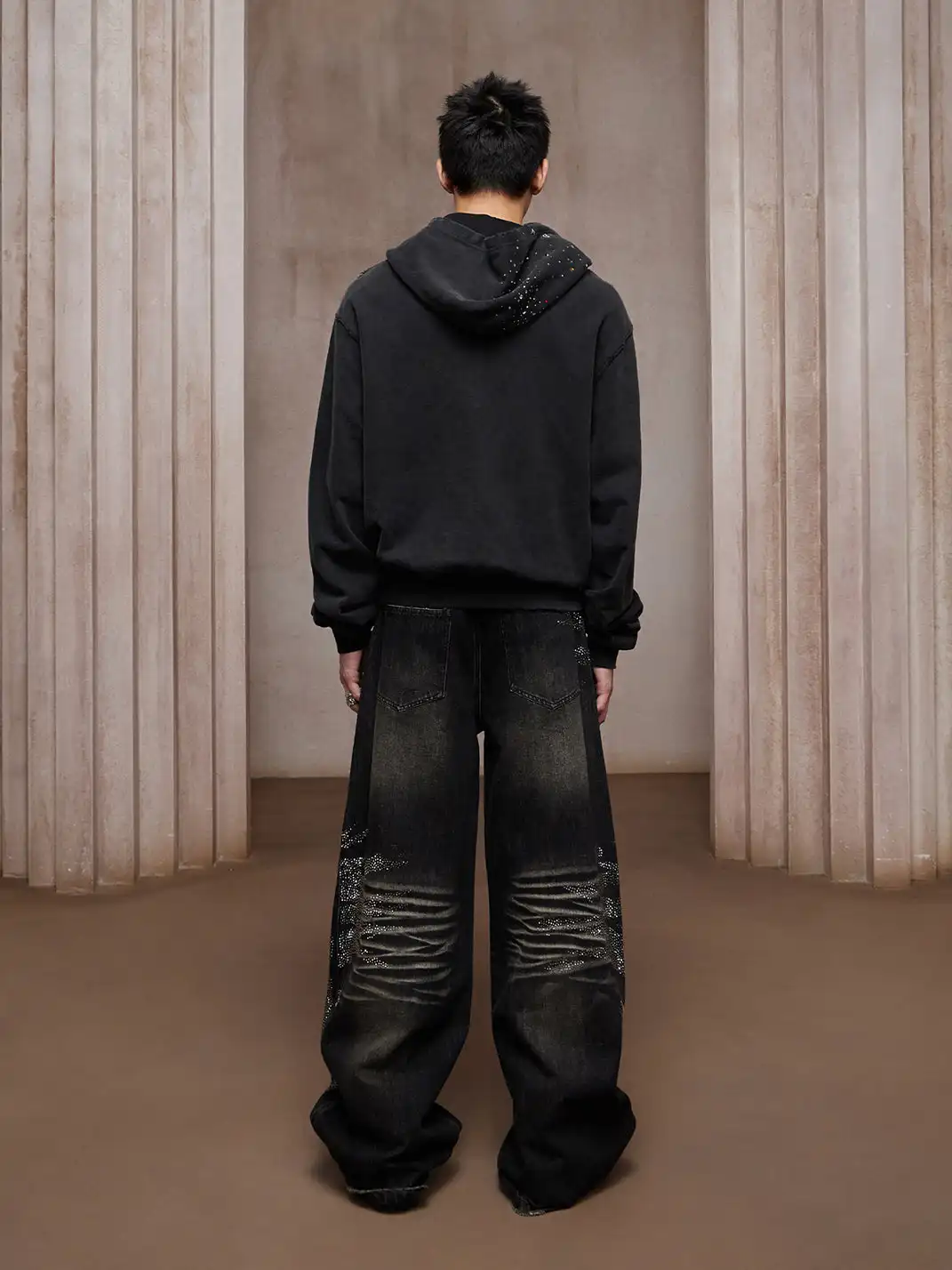 DND4DES | Black Crystal Studded Heavy-Wash Wide-Leg Denim Pants