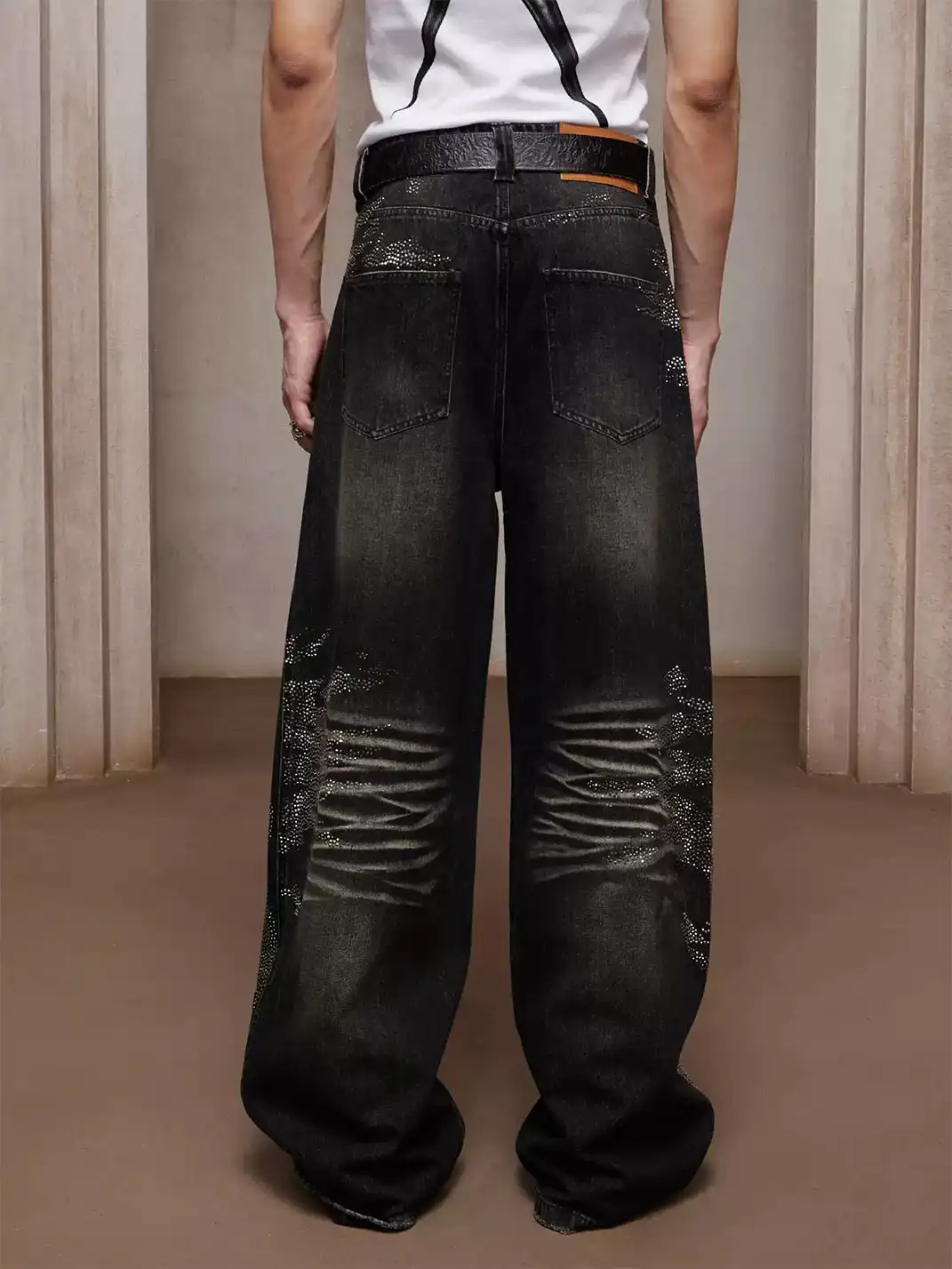 DND4DES | Black Crystal Studded Heavy-Wash Wide-Leg Denim Pants