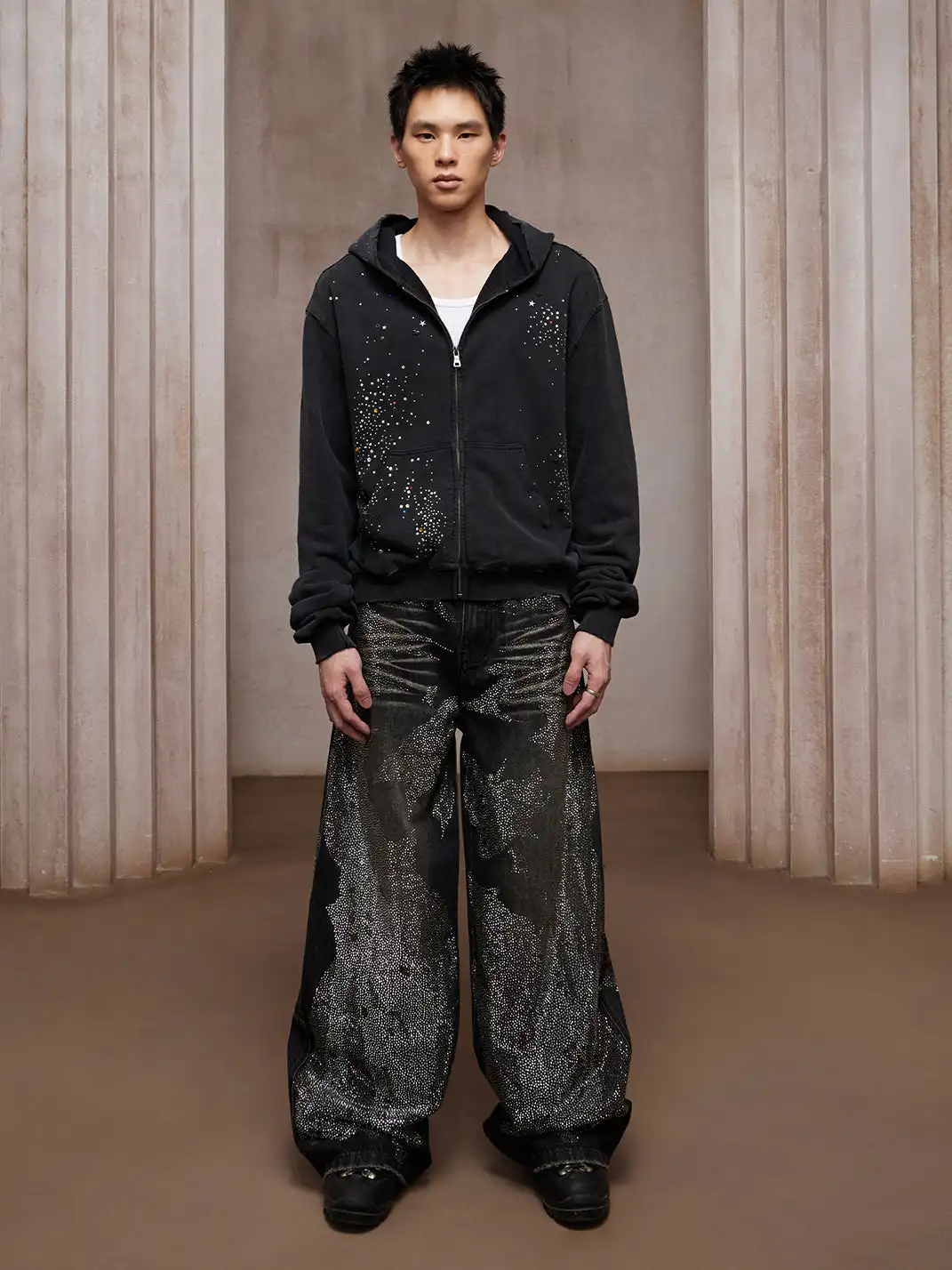 DND4DES | Black Crystal Studded Heavy-Wash Wide-Leg Denim Pants