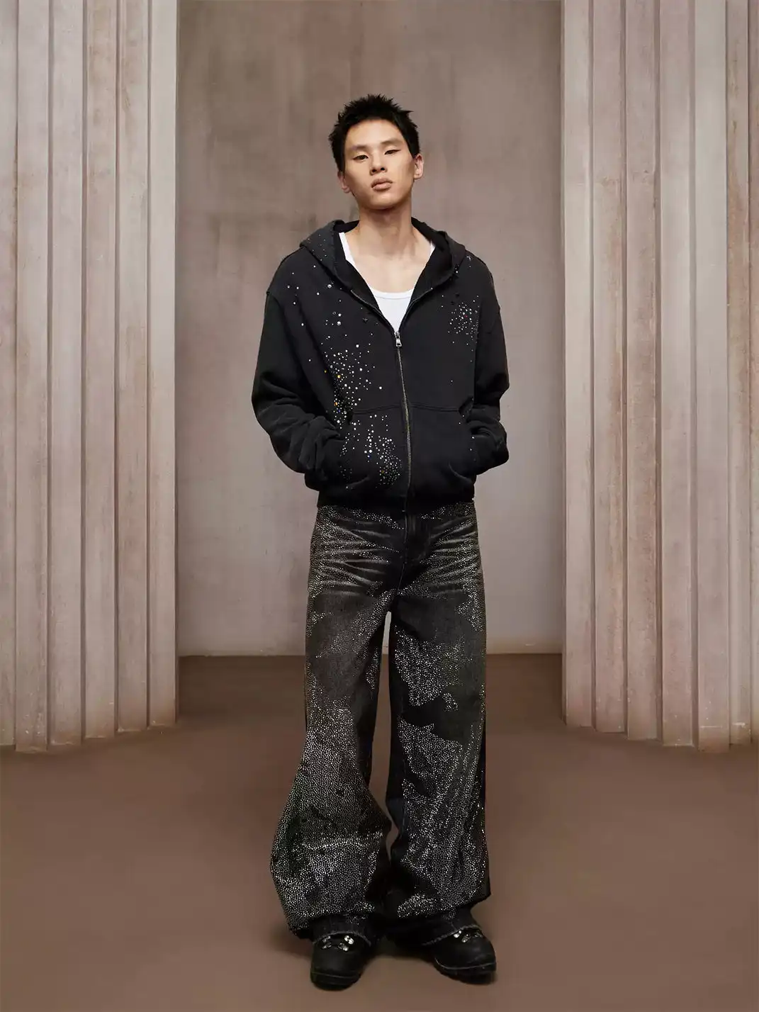 DND4DES | Black Crystal Studded Heavy-Wash Wide-Leg Denim Pants