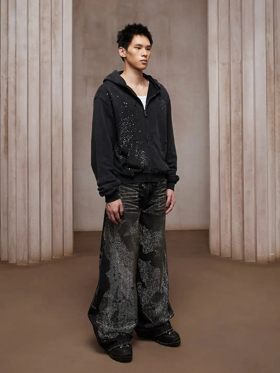 DND4DES | Black Crystal Studded Heavy-Wash Wide-Leg Denim Pants