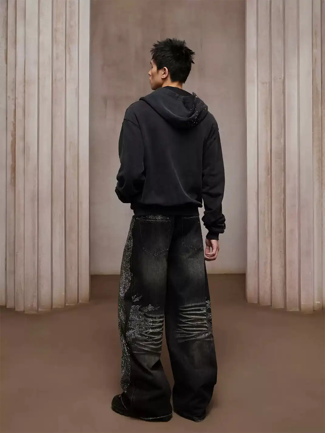 DND4DES | Black Crystal Studded Heavy-Wash Wide-Leg Denim Pants