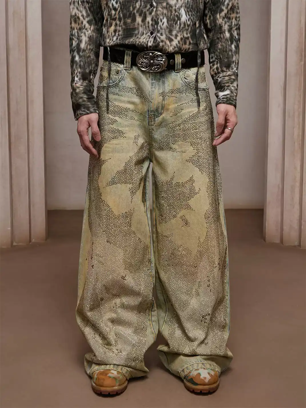 DND4DES | Crystal-Studded Heavy-Wash Wide-Leg Denim Pants