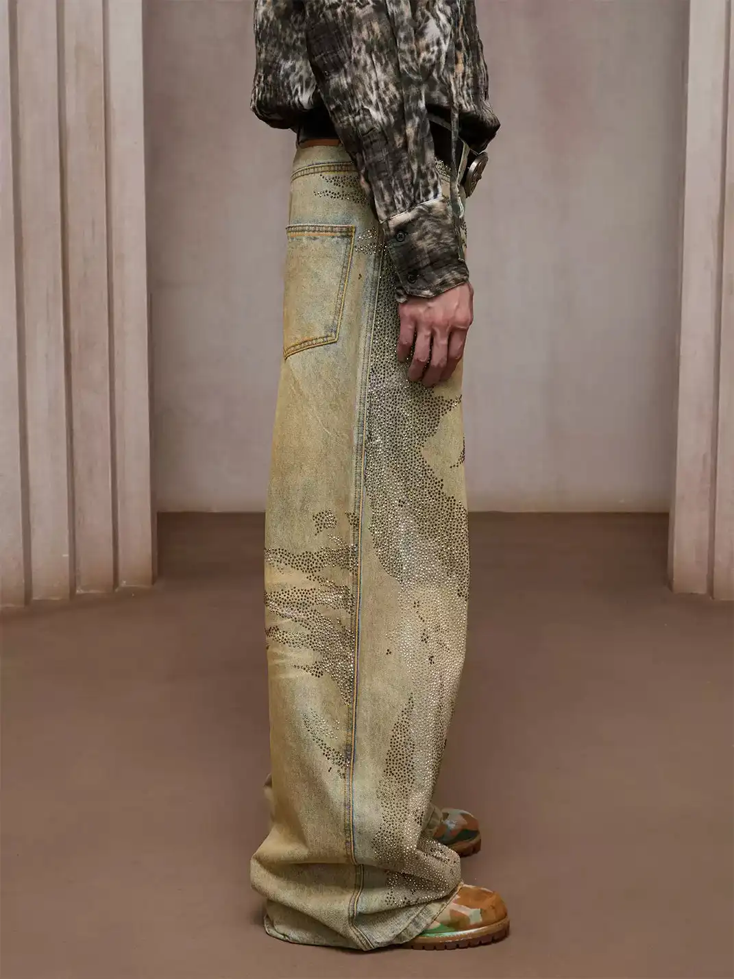 DND4DES | Crystal-Studded Heavy-Wash Wide-Leg Denim Pants