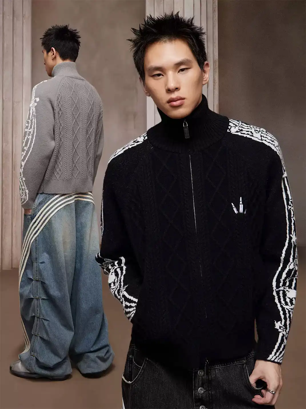 DND4DES | Retro Music Note Striped Zip-Up Sweater Jacket