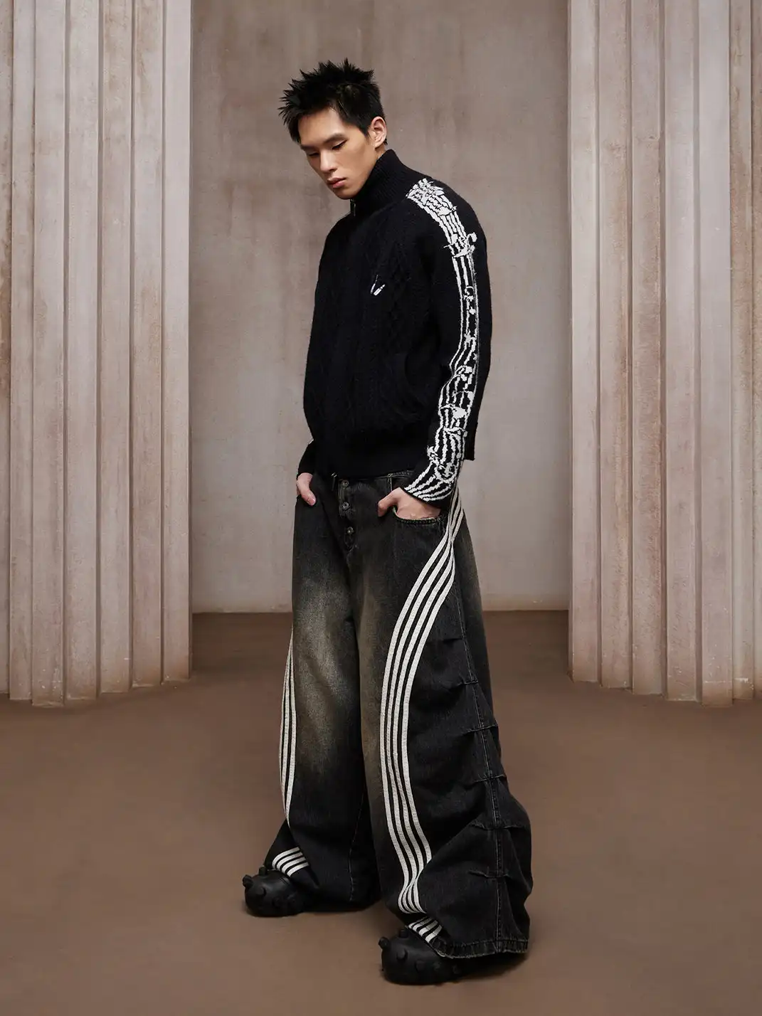 DND4DES | Retro Music Note Striped Zip-Up Sweater Jacket