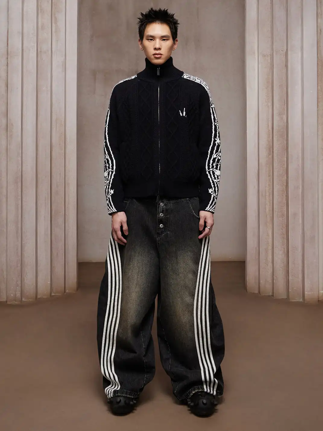 DND4DES | Retro Music Note Striped Zip-Up Sweater Jacket