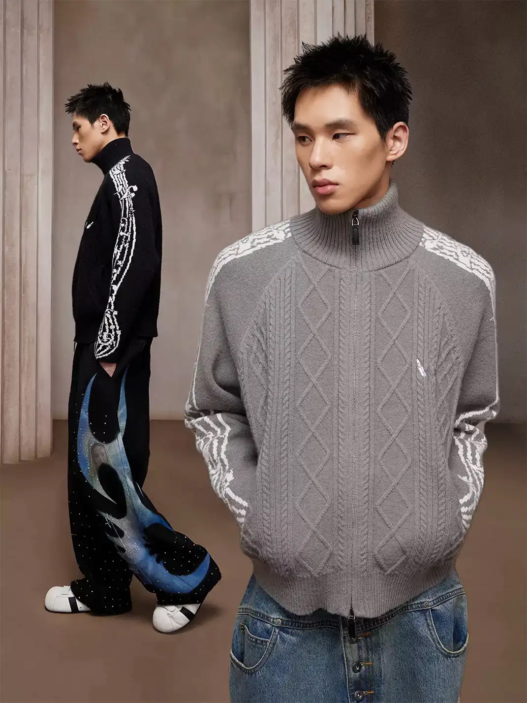 DND4DES | Retro Music Note Striped Zip-Up Sweater Jacket