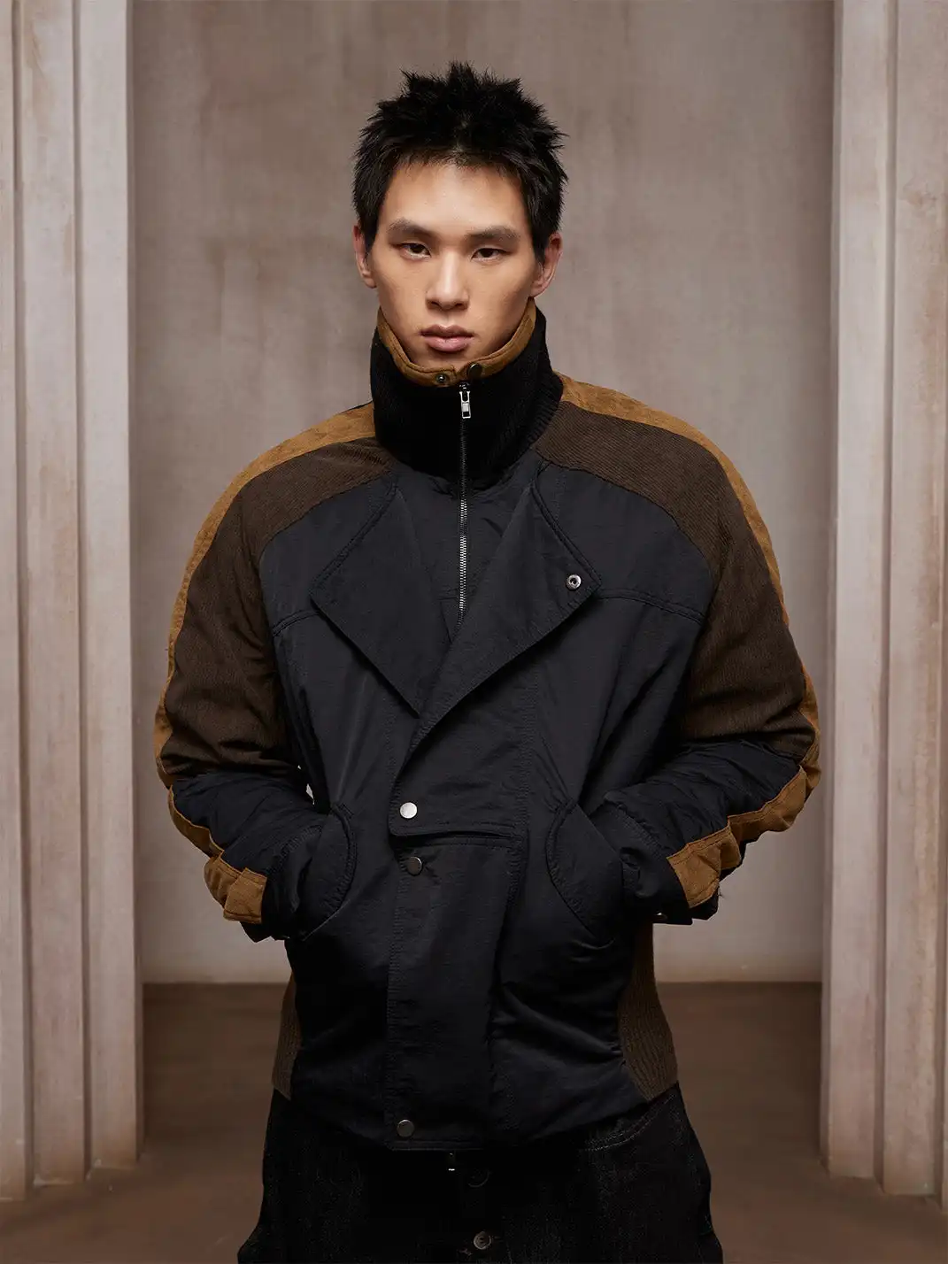 DND4DES | Double-Breasted Color Block Suede Jacket