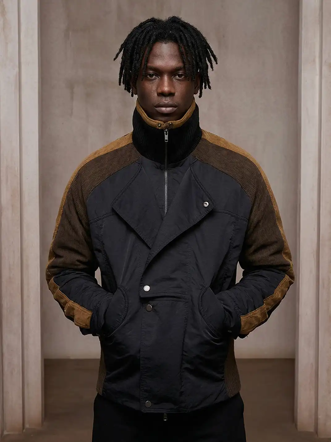 DND4DES | Double-Breasted Color Block Suede Jacket