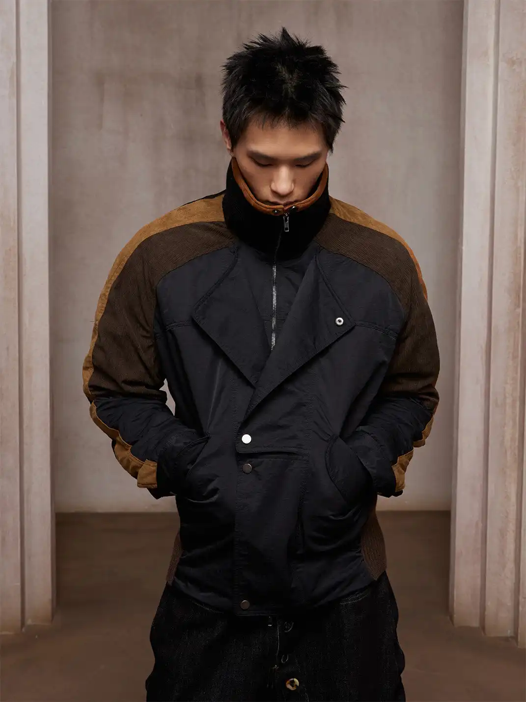 DND4DES | Double-Breasted Color Block Suede Jacket