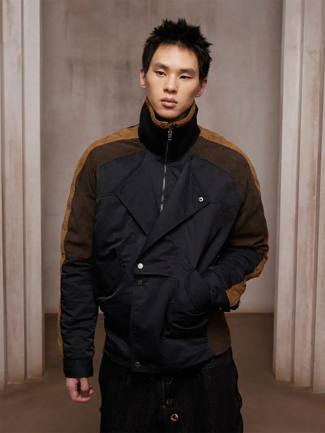 DND4DES | Double-Breasted Color Block Suede Jacket