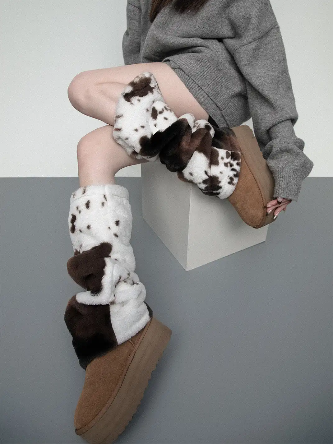 SS2L | Cow Print Faux Fur Plush Thick Leg Warmers