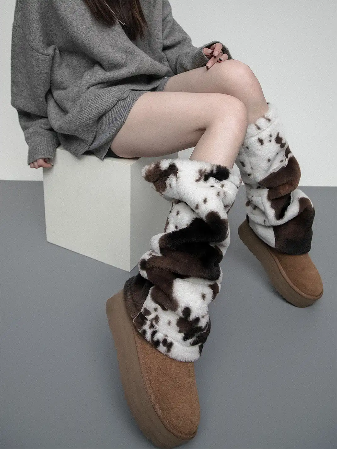 SS2L | Cow Print Faux Fur Plush Thick Leg Warmers