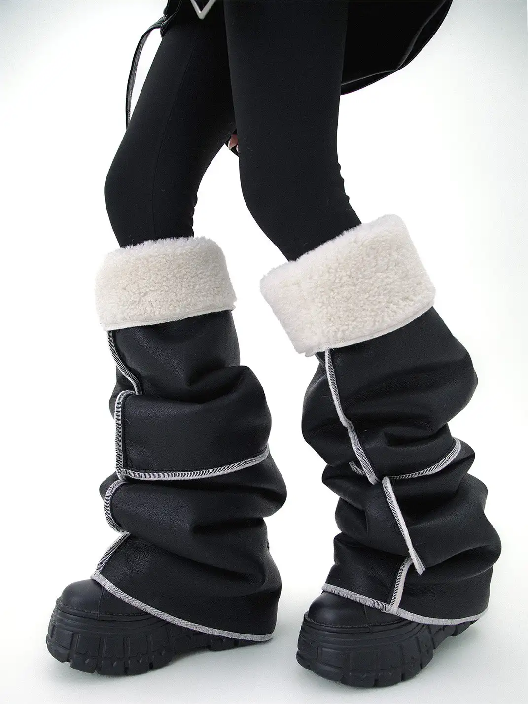 SS2L | Black Leather Piping Design Leg Warmers