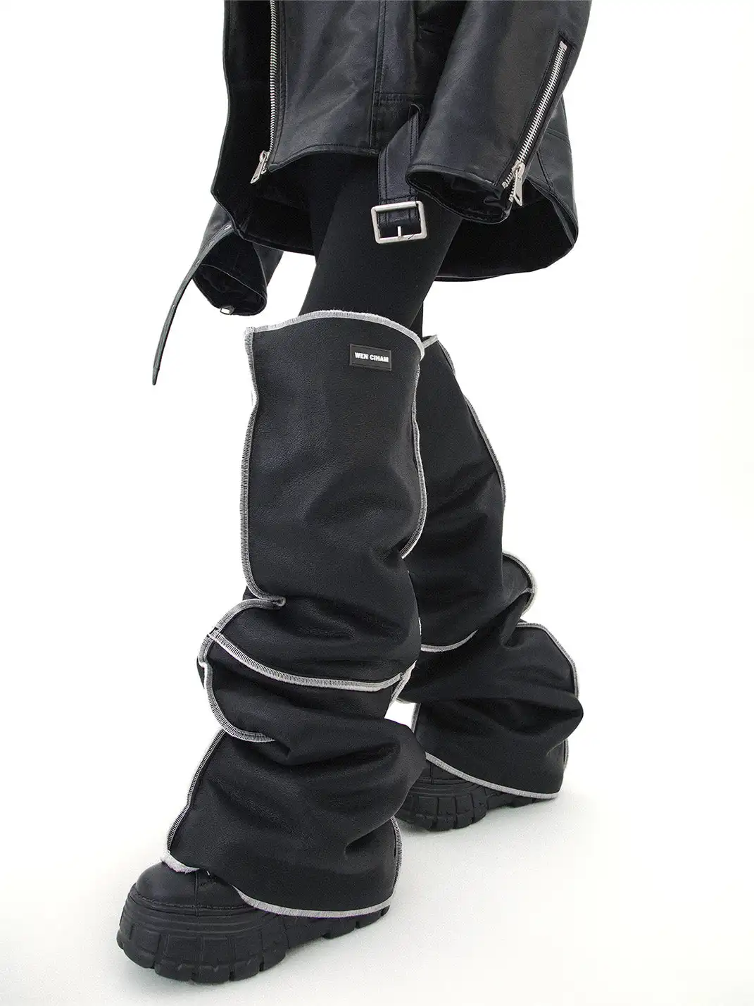 SS2L | Black Leather Piping Design Leg Warmers