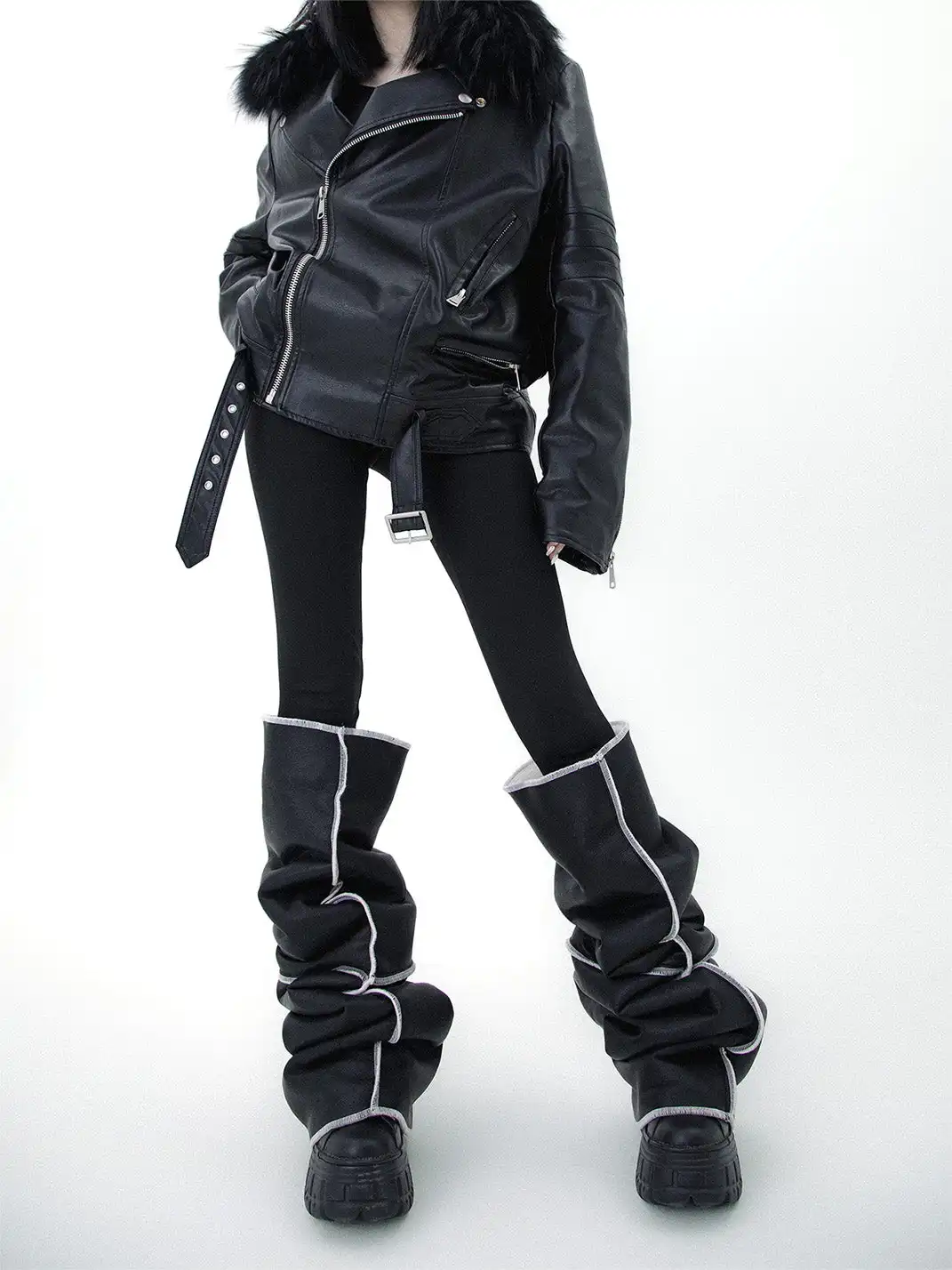 SS2L | Black Leather Piping Design Leg Warmers