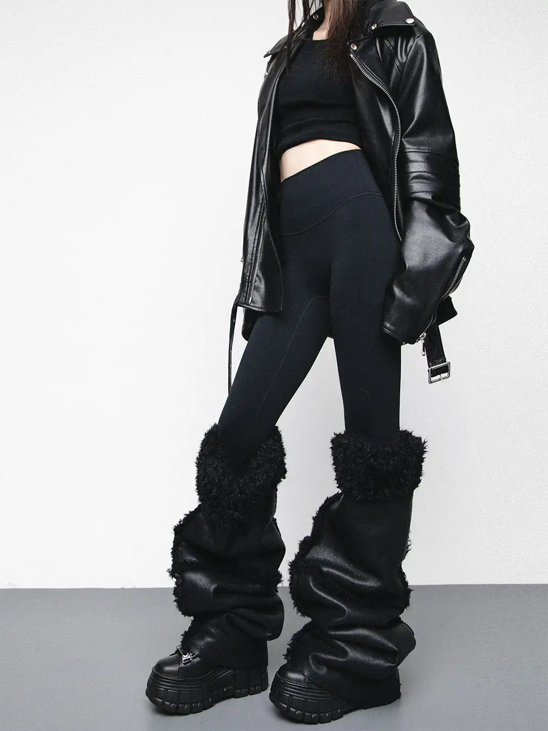 SS2L | Black Leather Piping Design Leg Warmers