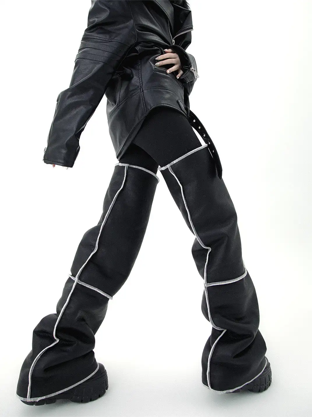 SS2L | Black Leather Piping Design Leg Warmers