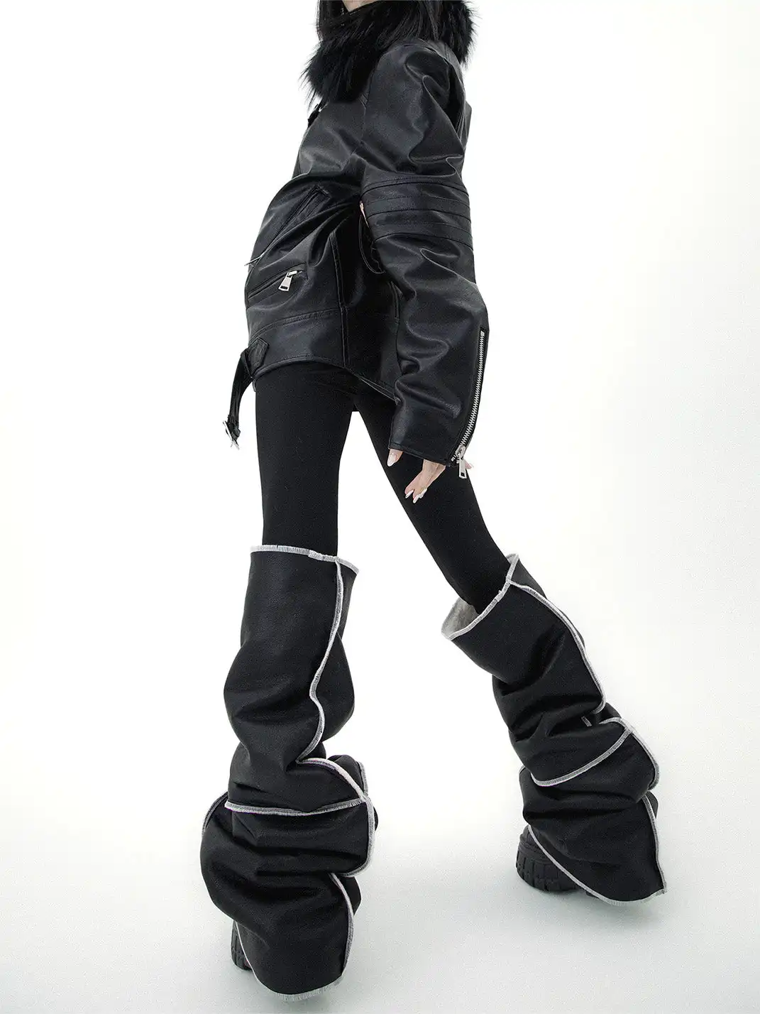 SS2L | Black Leather Piping Design Leg Warmers
