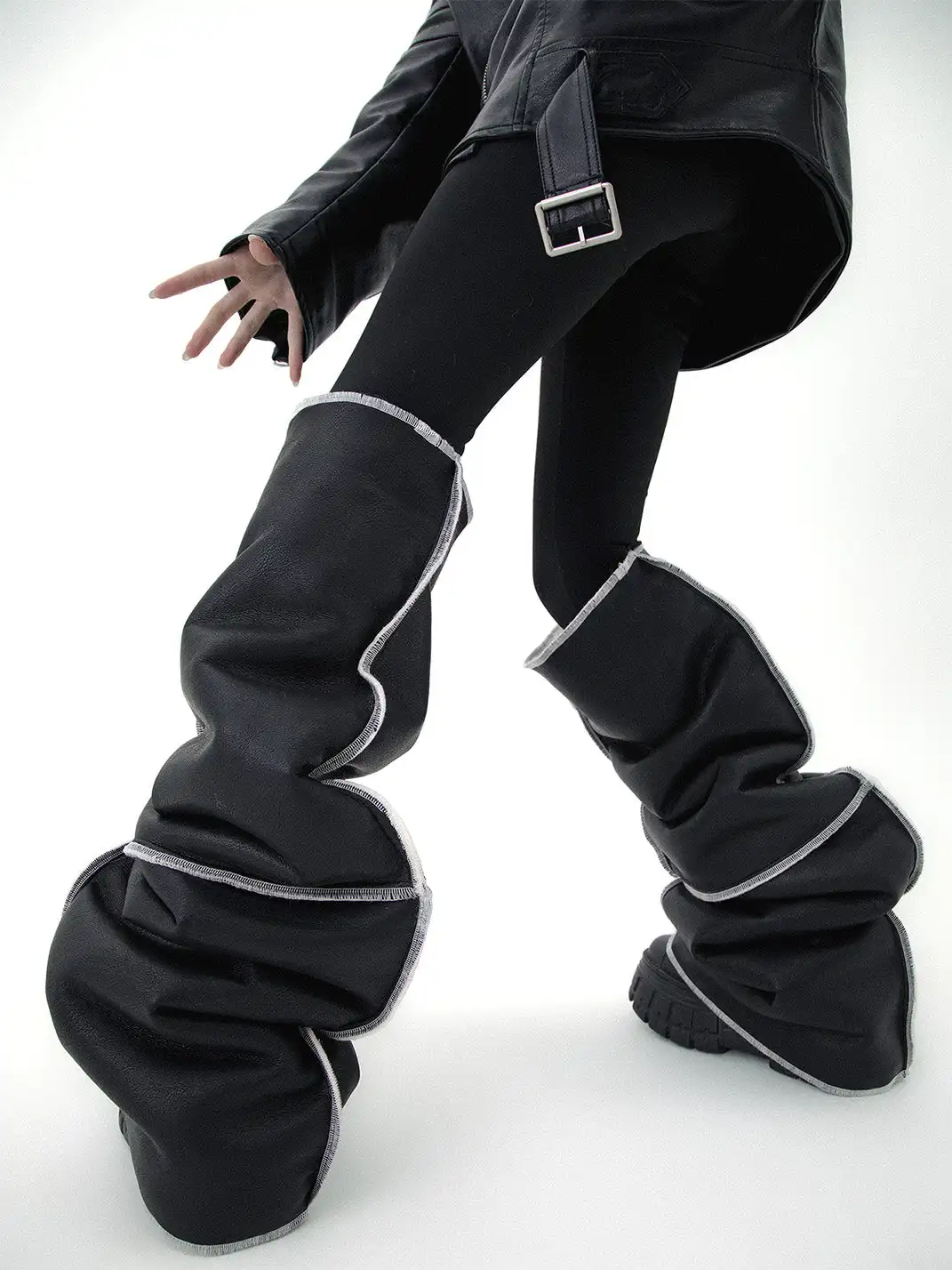 SS2L | Black Leather Piping Design Leg Warmers