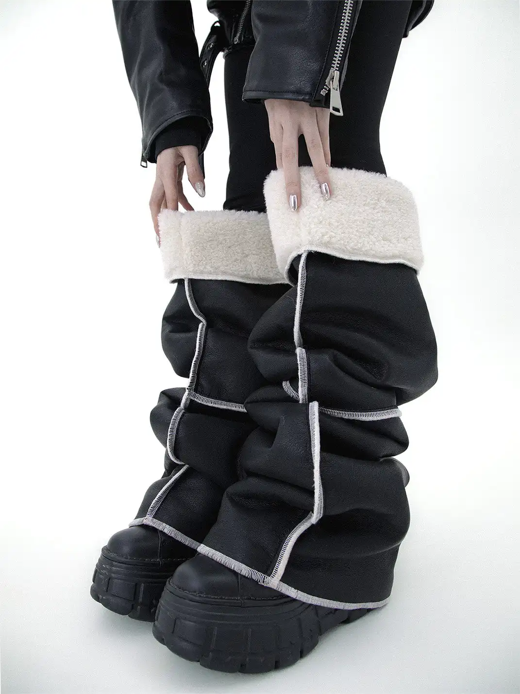 SS2L | Black Leather Piping Design Leg Warmers