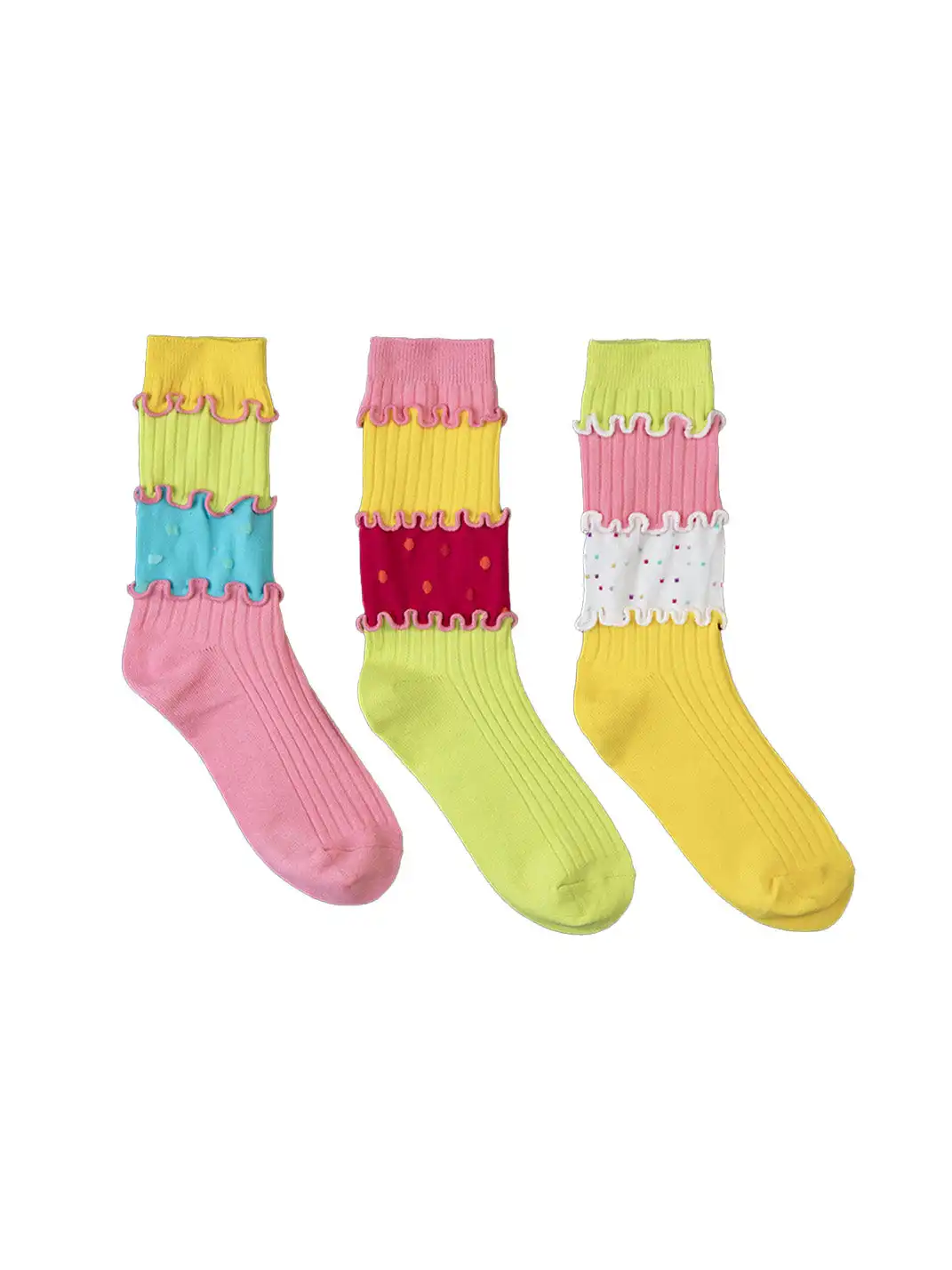 SS2L | Dopamine Layered Stitching Macaron Ruffled Mid-Calf Socks