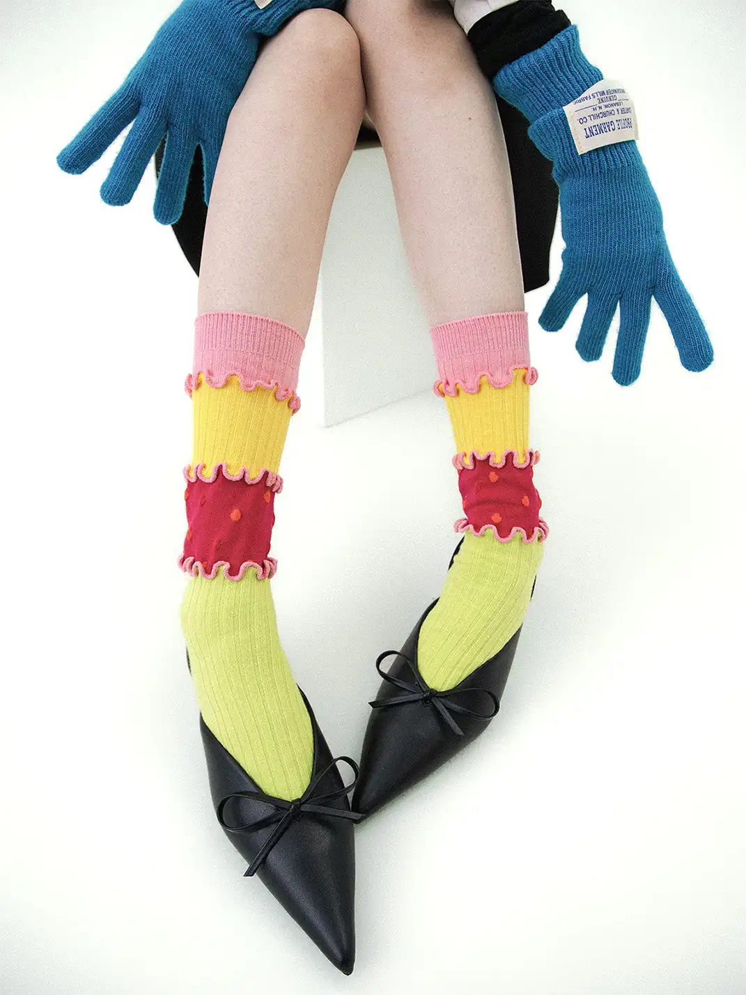 SS2L | Dopamine Layered Stitching Macaron Ruffled Mid-Calf Socks