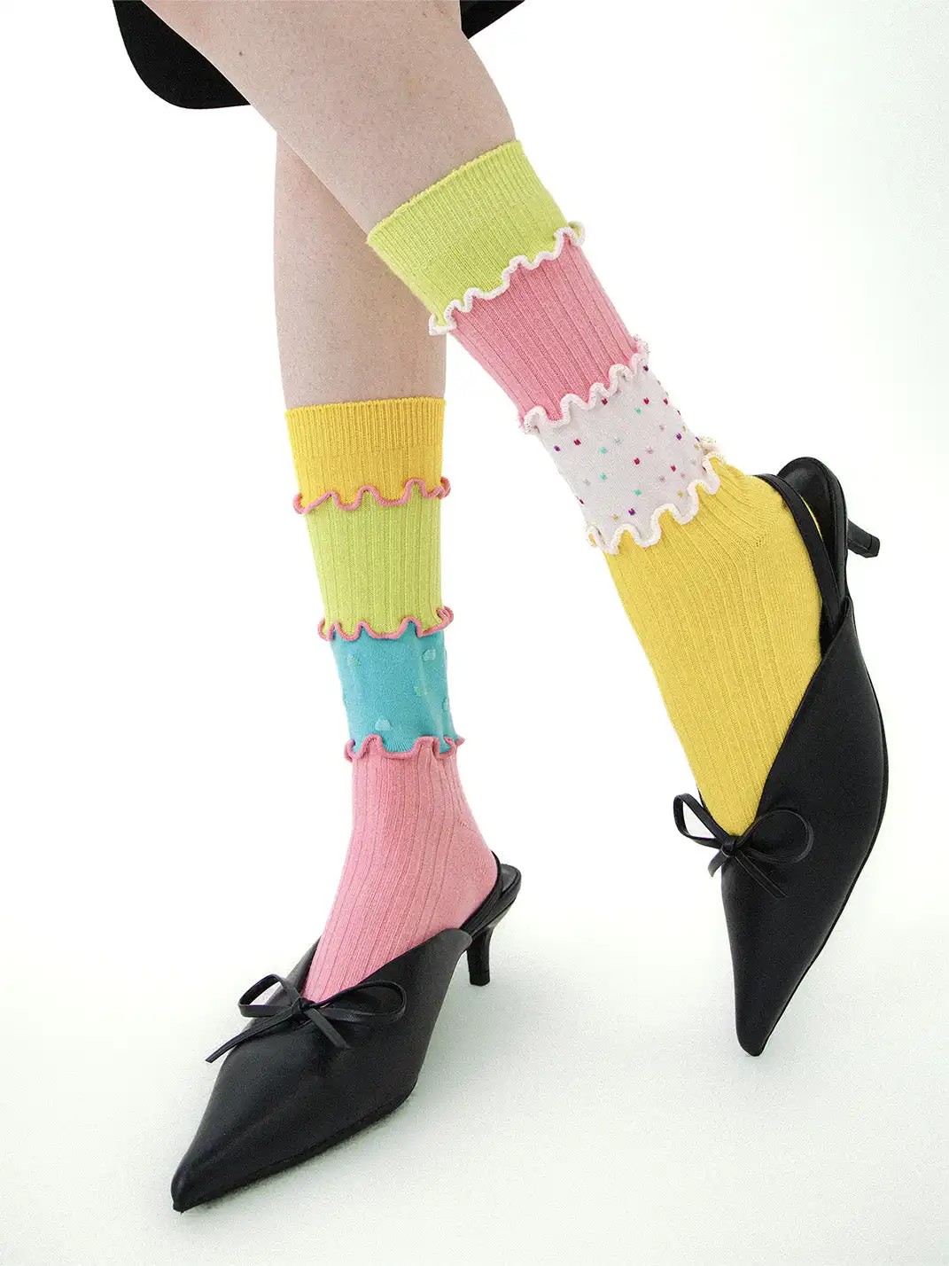SS2L | Dopamine Layered Stitching Macaron Ruffled Mid-Calf Socks