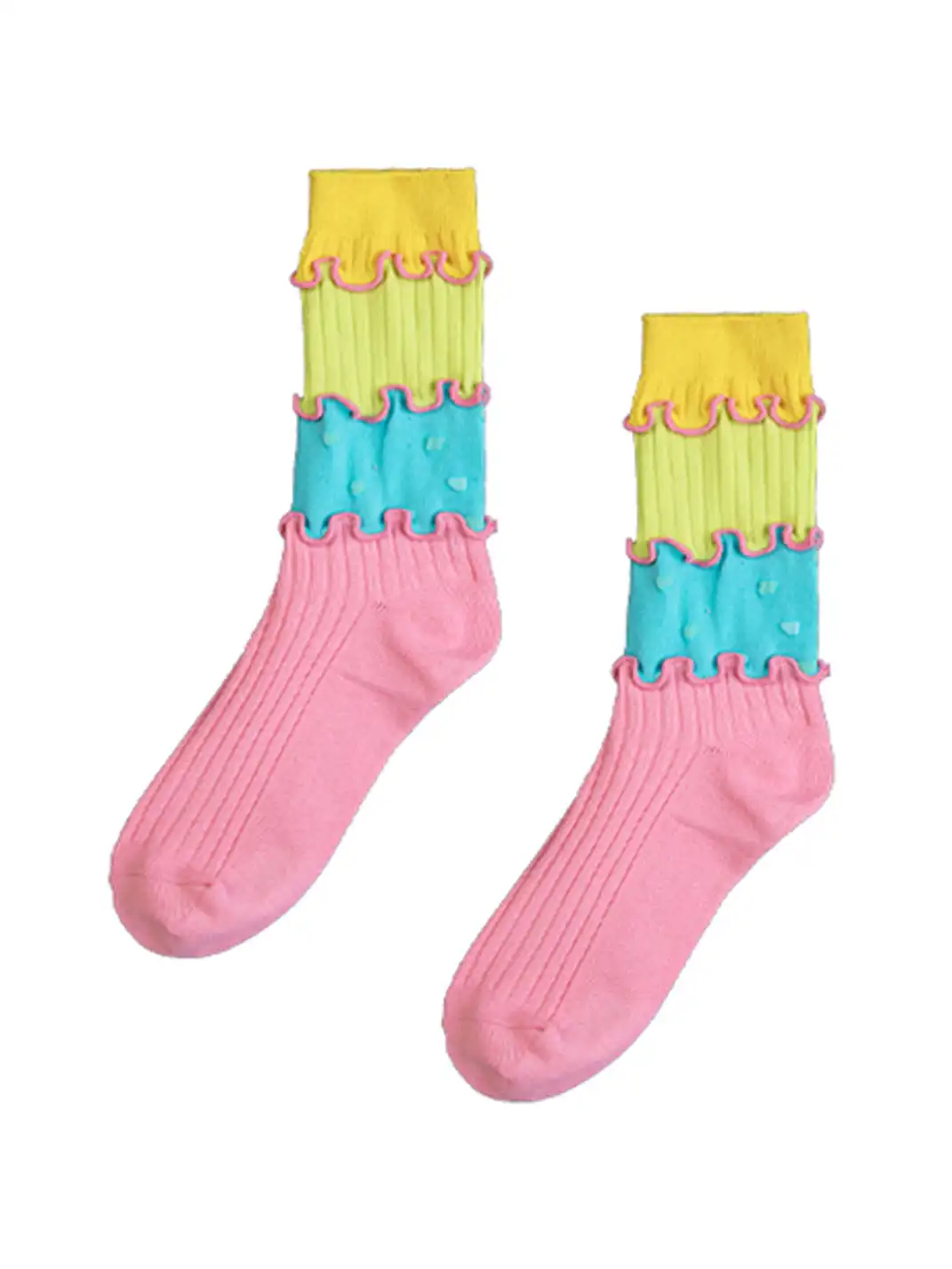 SS2L | Dopamine Layered Stitching Macaron Ruffled Mid-Calf Socks