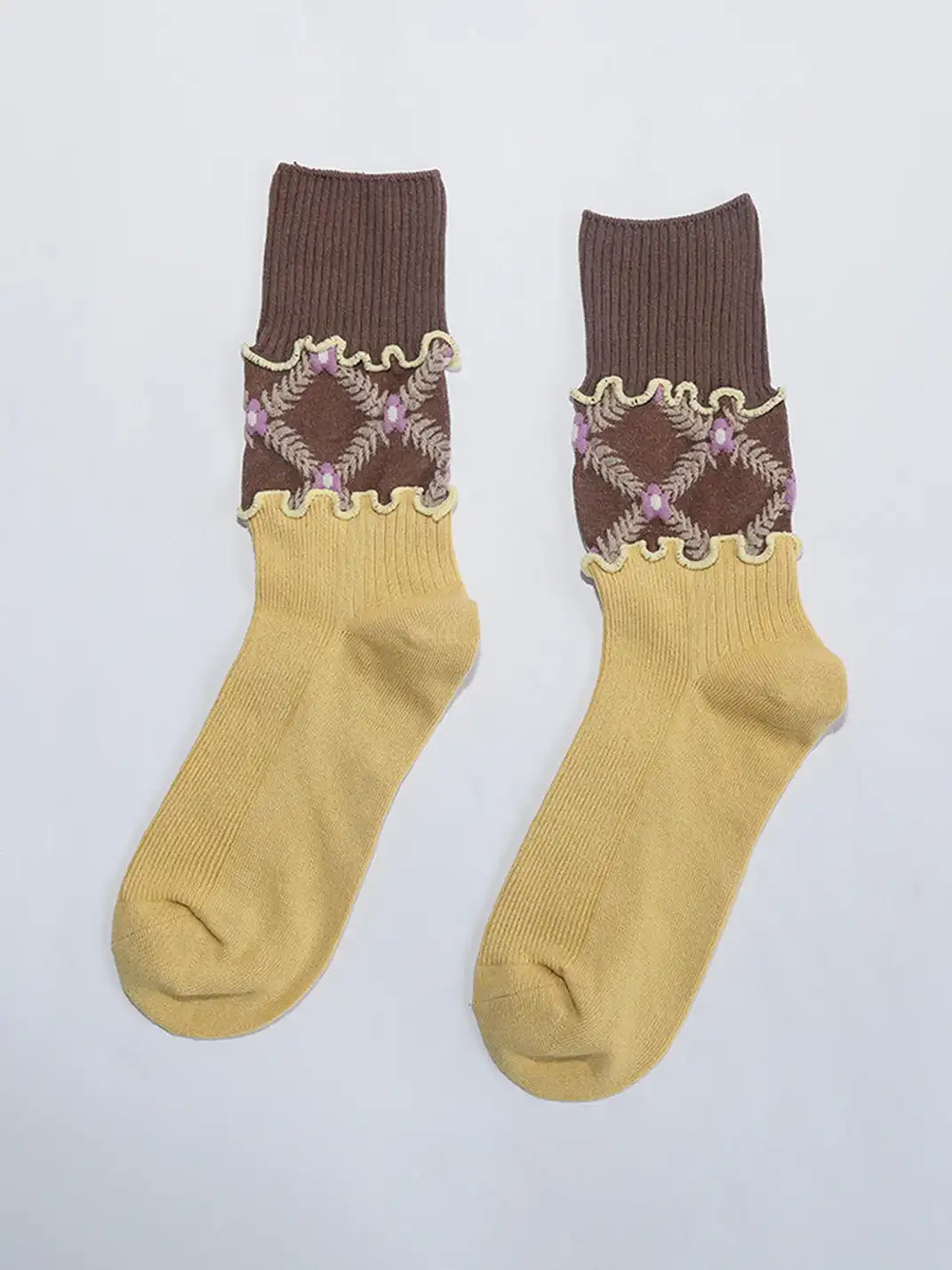 SS2L | Layered Splicing Ruffle Floral Mid-Calf Socks