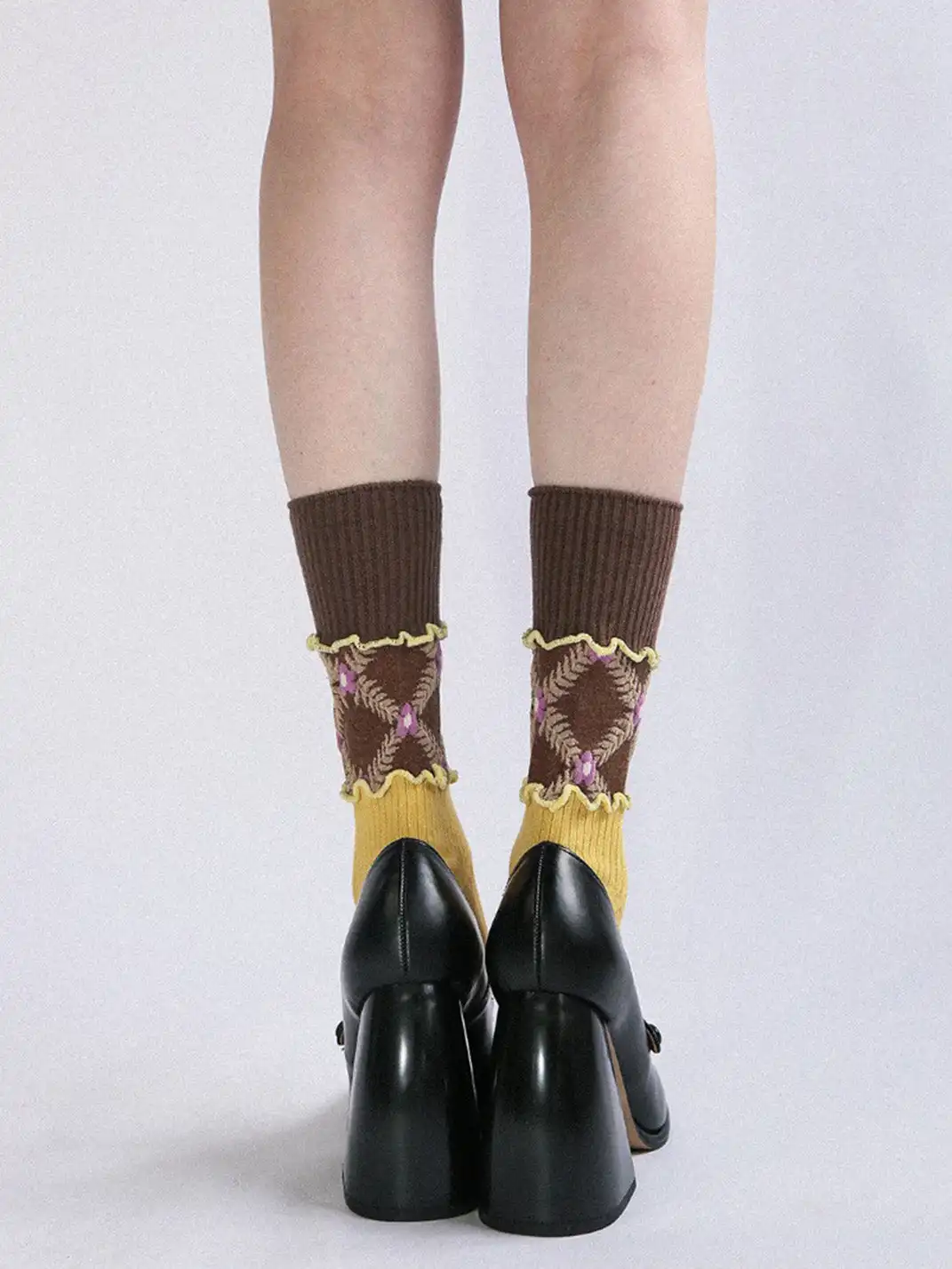 SS2L | Layered Splicing Ruffle Floral Mid-Calf Socks