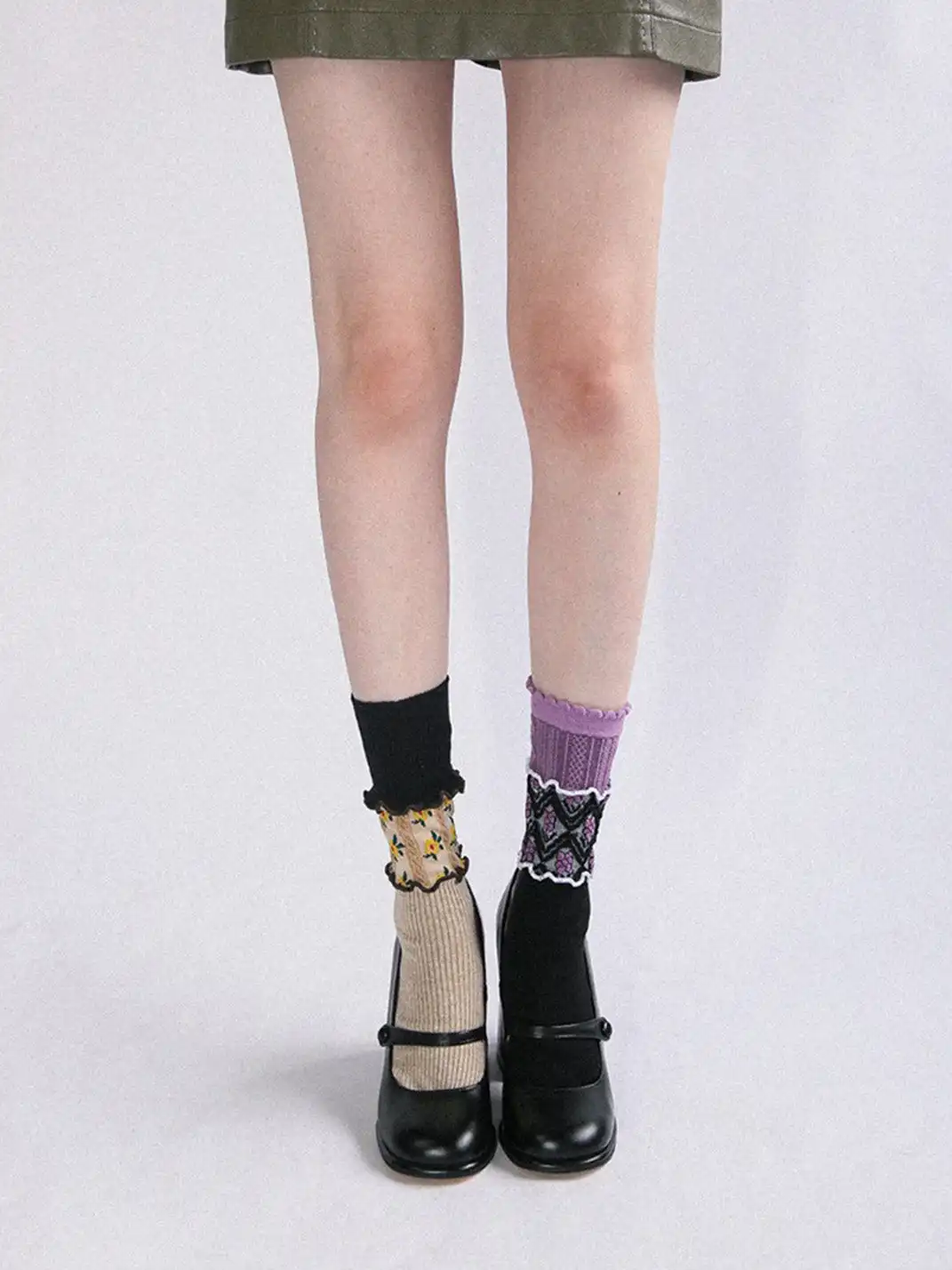SS2L | Layered Splicing Ruffle Floral Mid-Calf Socks