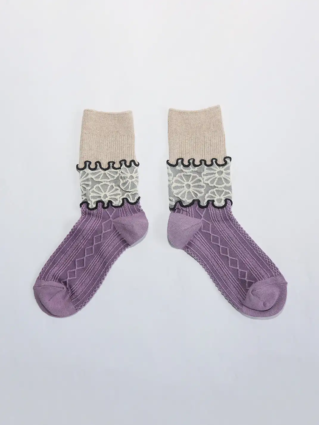 SS2L | Layered Splicing Ruffle Floral Mid-Calf Socks