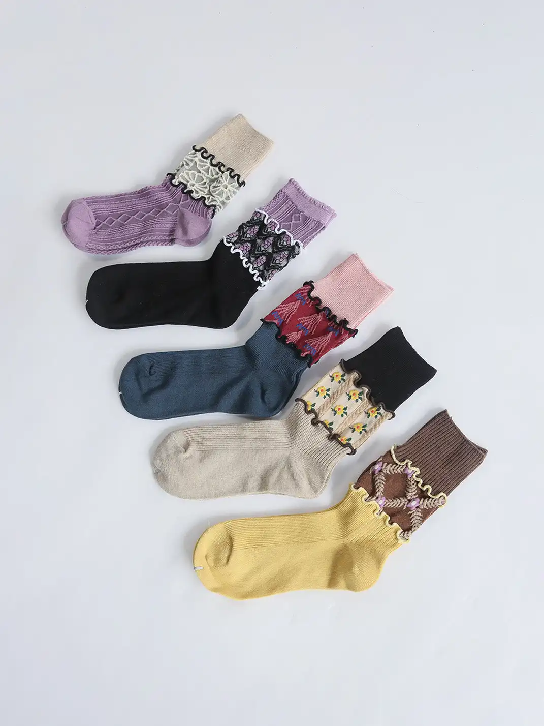 SS2L | Layered Splicing Ruffle Floral Mid-Calf Socks